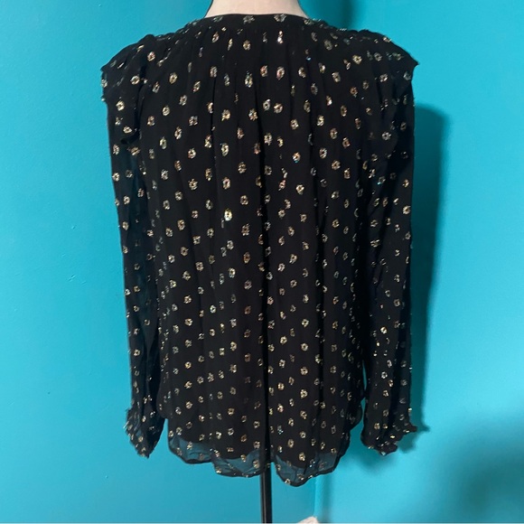 LOFT S Black Shimmer Clip Ruffle Button Blouse Smocked Neck Popover Metallic - Picture 4 of 6